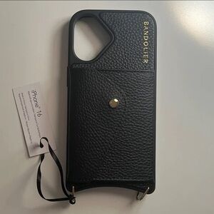 Bandolier Black Leather iPhone 16 Case with Gold Accents